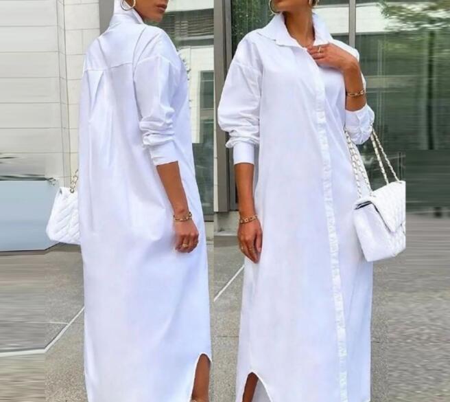 Feather Bird Print Button Down Shirt Dress Women Long Loose Fashion Casual Dress Long Sleeve Spring Summer Creamy-white