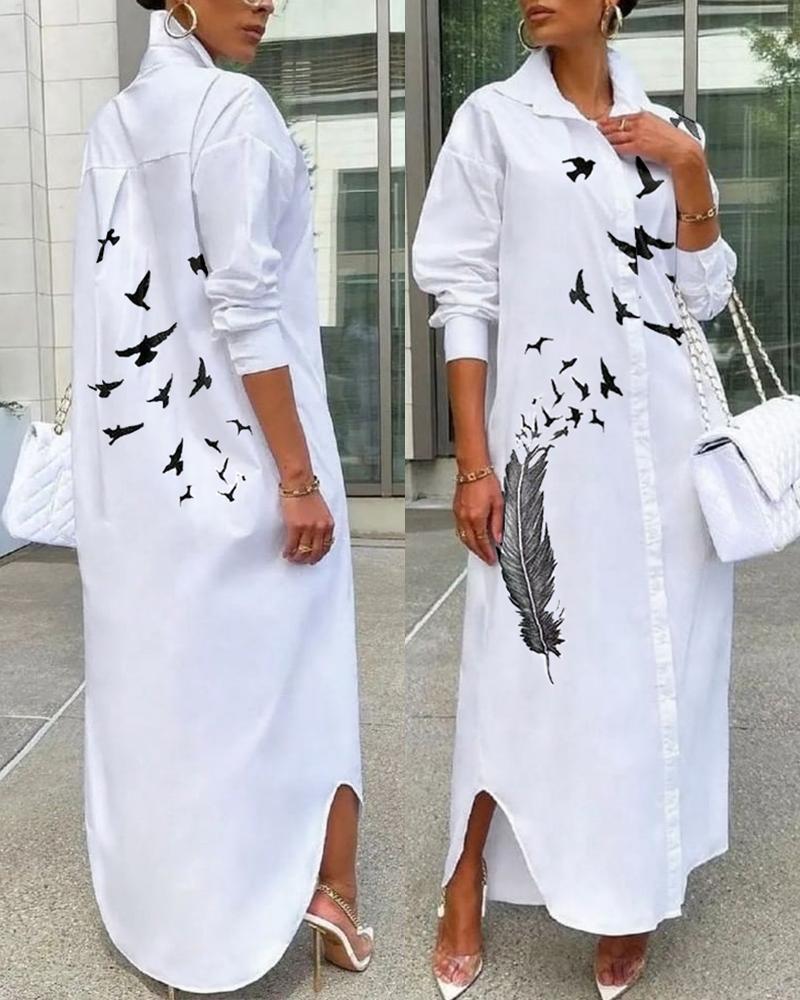 Feather Bird Print Button Down Shirt Dress Women Long Loose Fashion Casual Dress Long Sleeve Spring Summer
