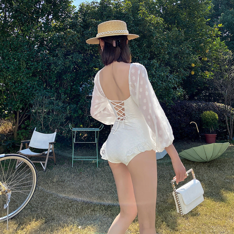 Feminine Back One-piece Puff Sleeve Swimsuit