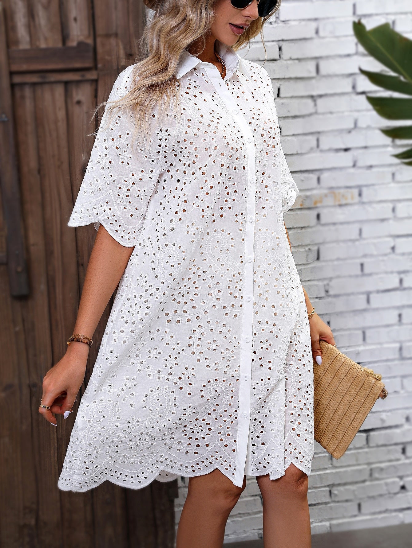 Finjani Eyelet Embroidery Drop Shoulder Dress Women's Button Front Dresses For Summer Elegant Party Dresses For Women 2024 New