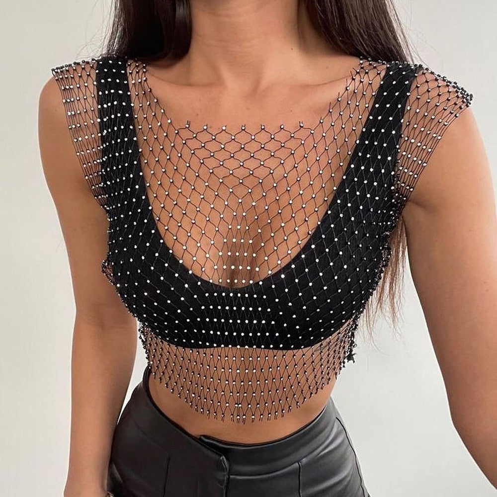 Fishnet Glitter Rhinestone Crop Top Sexy Hollow Out Mesh Sheer Women B AMAIO