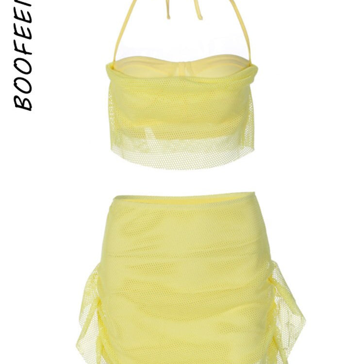 Fishnet Mesh Yellow 2 Piece Skirt Sets Sexy Summer Rave Festival Outfits Womans Clothing