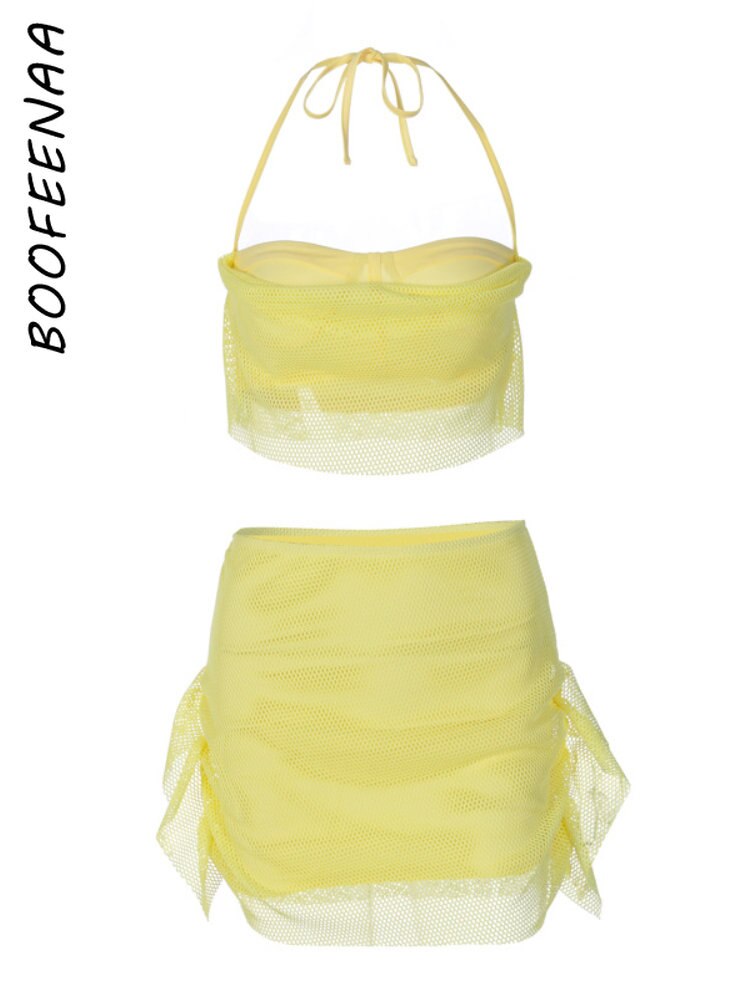 Fishnet Mesh Yellow 2 Piece Skirt Sets Sexy Summer Rave Festival Outfits Womans Clothing