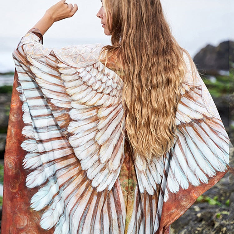 Fitshinling Bohemian Summer Dress Swimwear 3D Print Wing Boho Bikini Cover Up Batwing Sleeve Oversized Robe Beach Pareos khaki One Size