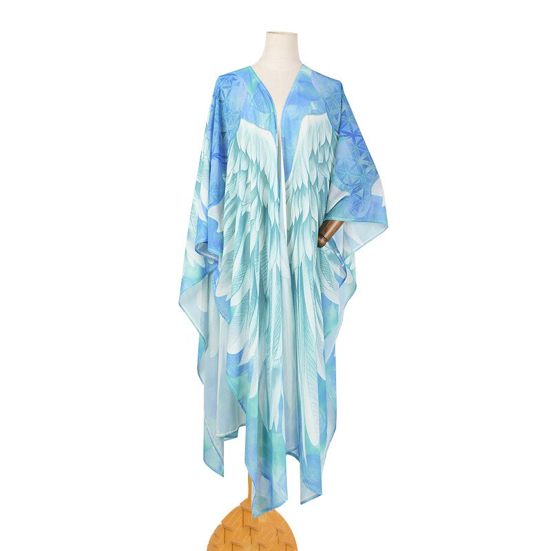 Fitshinling Bohemian Summer Dress Swimwear 3D Print Wing Boho Bikini Cover Up Batwing Sleeve Oversized Robe Beach Pareos