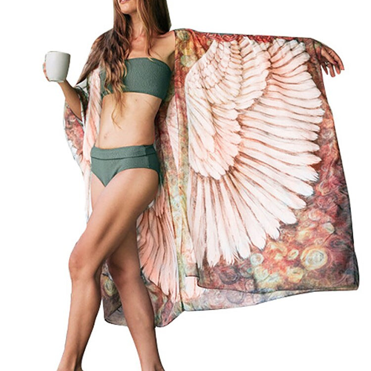Fitshinling Bohemian Summer Dress Swimwear 3D Print Wing Boho Bikini Cover Up Batwing Sleeve Oversized Robe Beach Pareos
