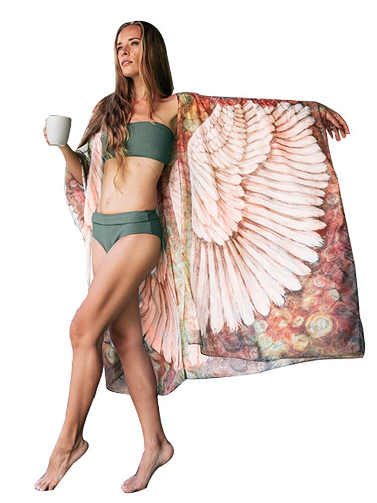 Fitshinling Bohemian Summer Dress Swimwear 3D Print Wing Boho Bikini Cover Up Batwing Sleeve Oversized Robe Beach Pareos