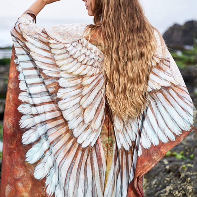 Fitshinling Bohemian Summer Dress Swimwear 3D Print Wing Boho Bikini Cover Up Batwing Sleeve Oversized Robe Beach Pareos
