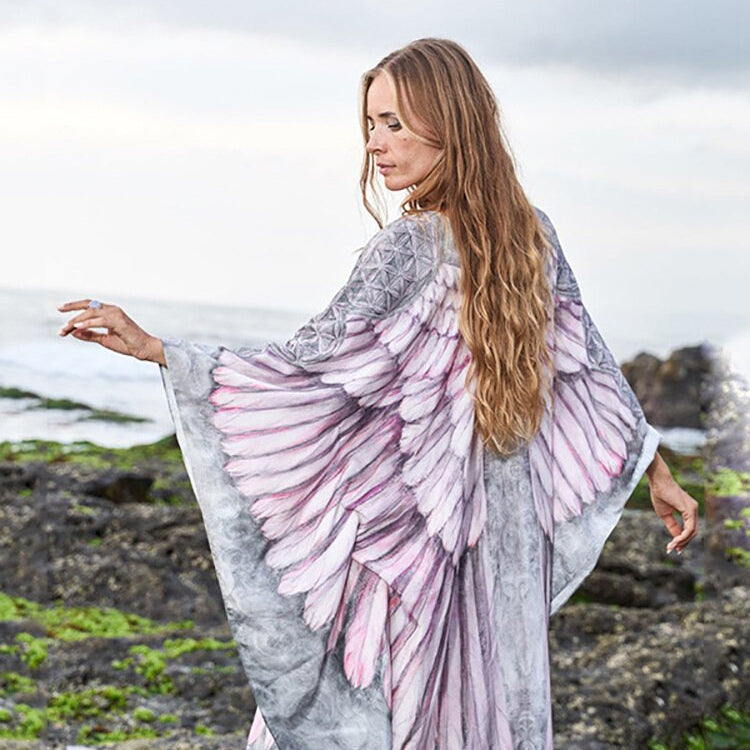 Fitshinling Bohemian Summer Dress Swimwear 3D Print Wing Boho Bikini Cover Up Batwing Sleeve Oversized Robe Beach Pareos