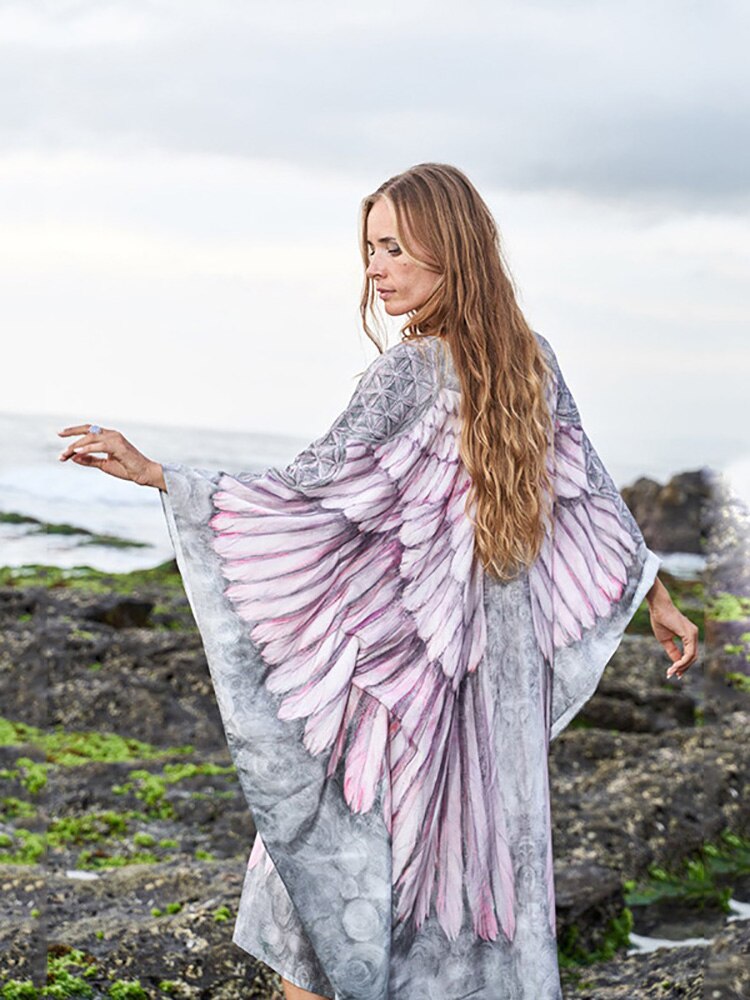 Fitshinling Bohemian Summer Dress Swimwear 3D Print Wing Boho Bikini Cover Up Batwing Sleeve Oversized Robe Beach Pareos