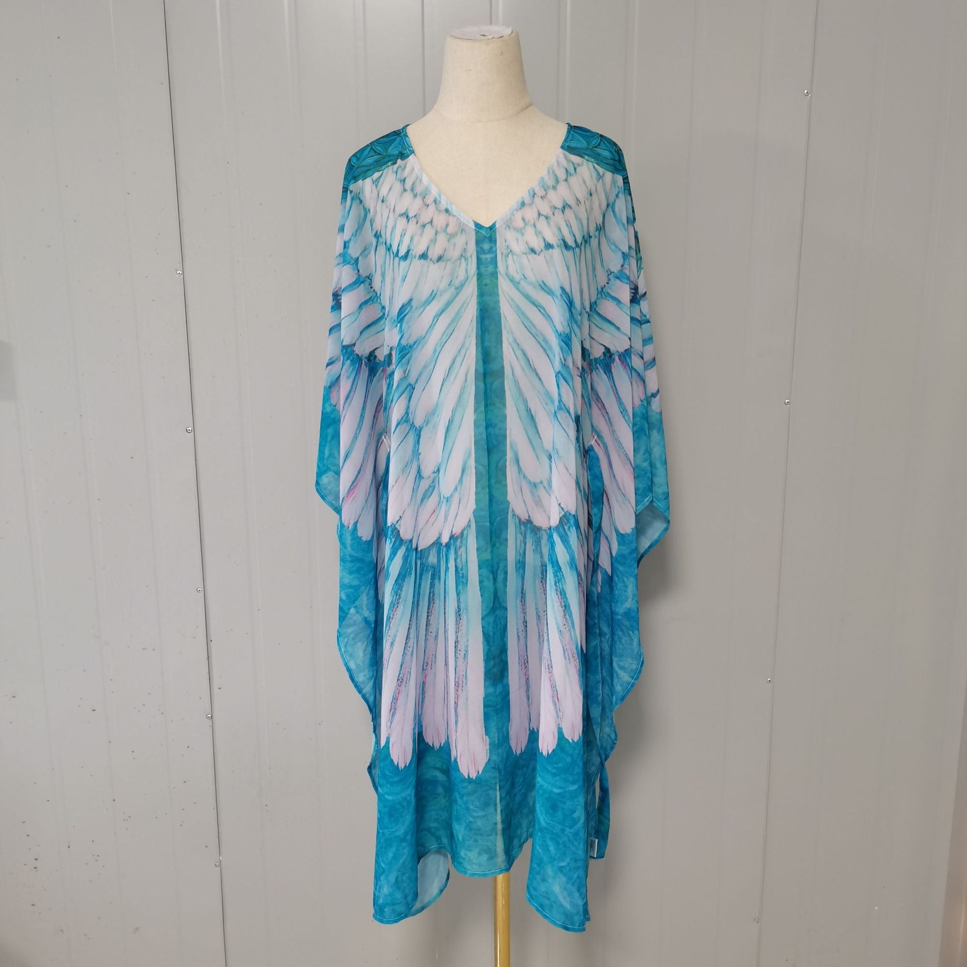 Fitshinling Bohemian Summer Dress Swimwear 3D Print Wing Boho Bikini Cover Up Batwing Sleeve Oversized Robe Beach Pareos LM one size