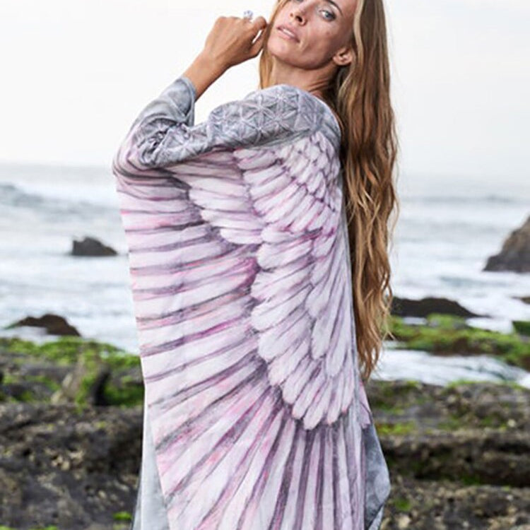 Fitshinling Bohemian Summer Dress Swimwear 3D Print Wing Boho Bikini Cover Up Batwing Sleeve Oversized Robe Beach Pareos