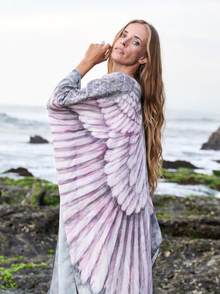 Fitshinling Bohemian Summer Dress Swimwear 3D Print Wing Boho Bikini Cover Up Batwing Sleeve Oversized Robe Beach Pareos
