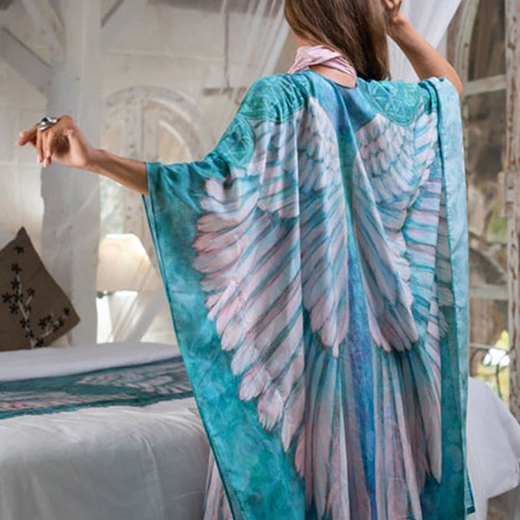 Fitshinling Bohemian Summer Dress Swimwear 3D Print Wing Boho Bikini Cover Up Batwing Sleeve Oversized Robe Beach Pareos blue One Size