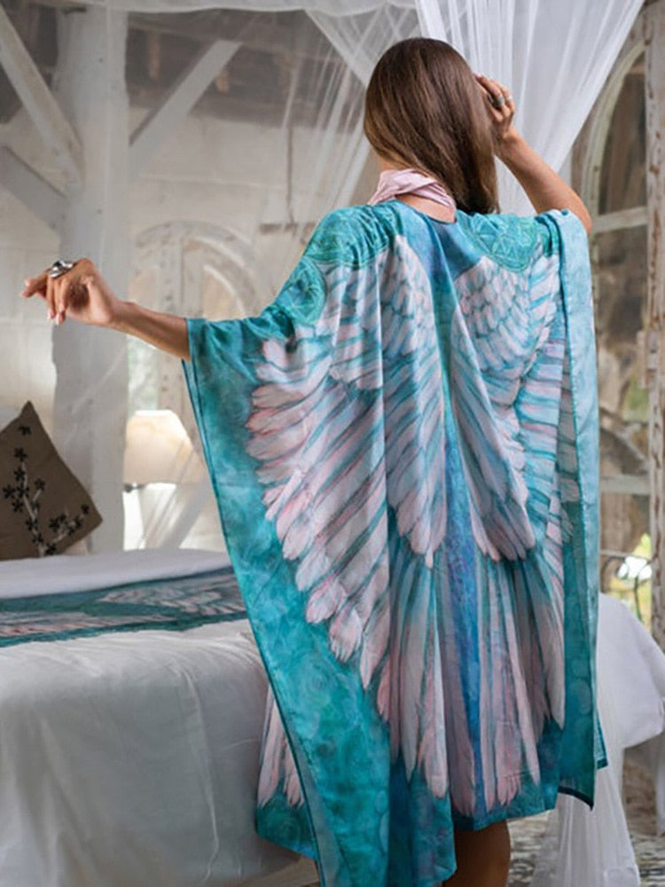 Fitshinling Bohemian Summer Dress Swimwear 3D Print Wing Boho Bikini Cover Up Batwing Sleeve Oversized Robe Beach Pareos blue One Size