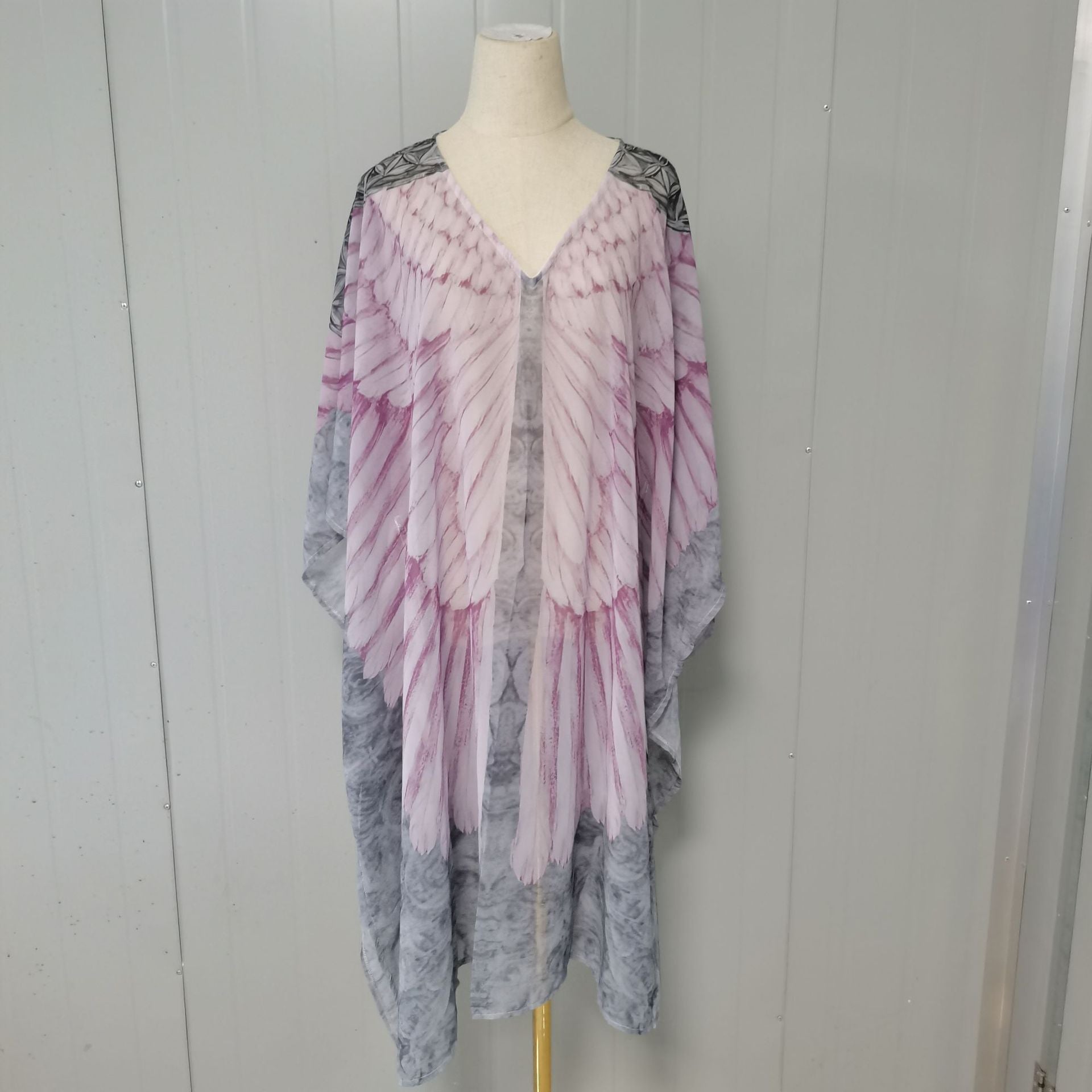 Fitshinling Bohemian Summer Dress Swimwear 3D Print Wing Boho Bikini Cover Up Batwing Sleeve Oversized Robe Beach Pareos HF one size