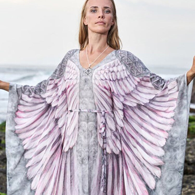 Fitshinling Bohemian Summer Dress Swimwear 3D Print Wing Boho Bikini Cover Up Batwing Sleeve Oversized Robe Beach Pareos