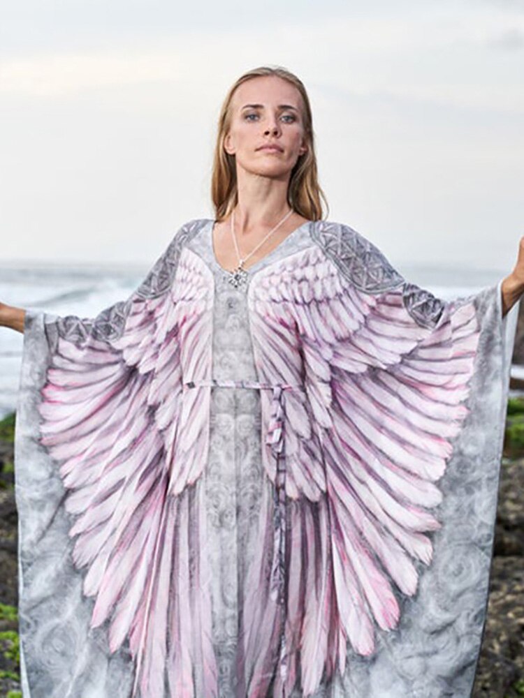 Fitshinling Bohemian Summer Dress Swimwear 3D Print Wing Boho Bikini Cover Up Batwing Sleeve Oversized Robe Beach Pareos