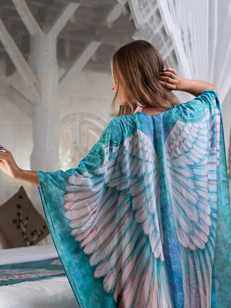 Fitshinling Bohemian Summer Dress Swimwear 3D Print Wing Boho Bikini Cover Up Batwing Sleeve Oversized Robe Beach Pareos