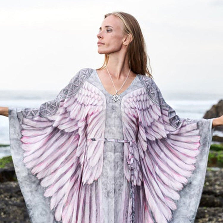 Fitshinling Bohemian Summer Dress Swimwear 3D Print Wing Boho Bikini Cover Up Batwing Sleeve Oversized Robe Beach Pareos pink One Size