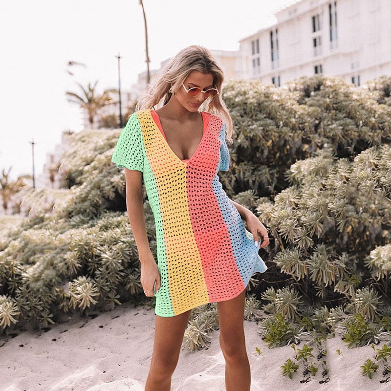 Fitshinling Colorful Summer Patchwork Dress Beach Tunic Outing Boho Slim Sexy Pareo