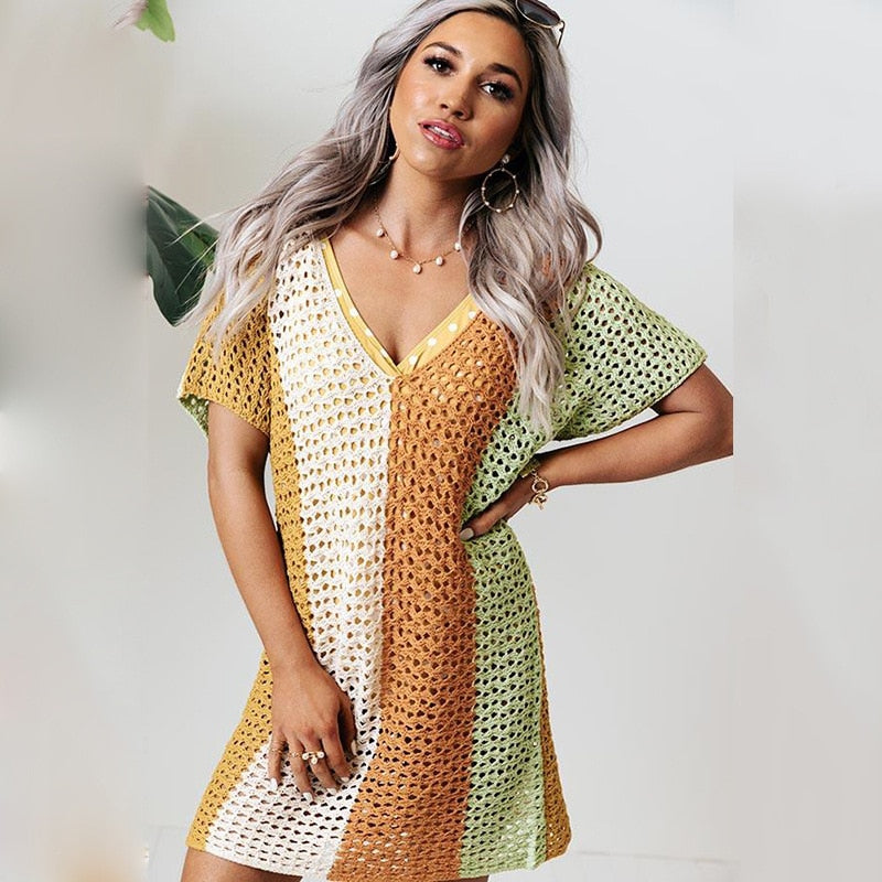 Fitshinling Colorful Summer Patchwork Dress Beach Tunic Outing Boho Slim Sexy Pareo Yellow