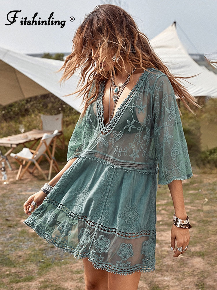 Fitshinling Deep V Neck Boho Beach Outing Sheer Sexy Lace Tunic Pareo Swimwear Summer
