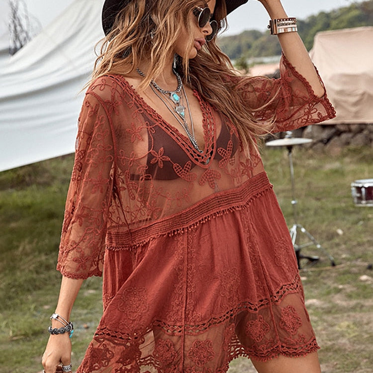 Fitshinling Deep V Neck Boho Beach Outing Sheer Sexy Lace Tunic Pareo Swimwear Summer