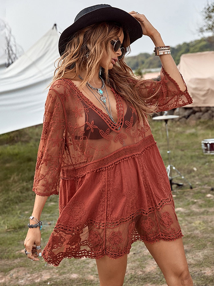Fitshinling Deep V Neck Boho Beach Outing Sheer Sexy Lace Tunic Pareo Swimwear Summer