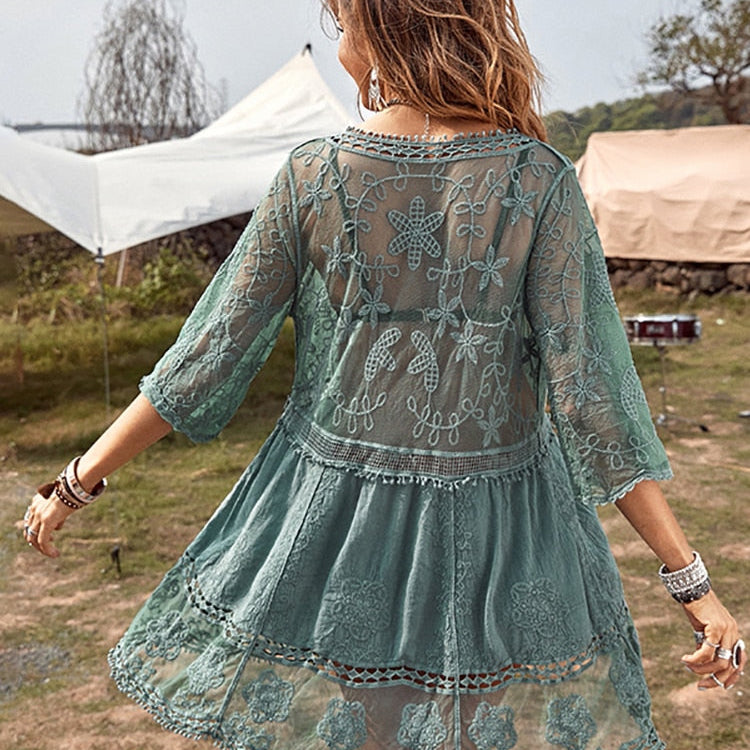 Fitshinling Deep V Neck Boho Beach Outing Sheer Sexy Lace Tunic Pareo Swimwear Summer Green One Size