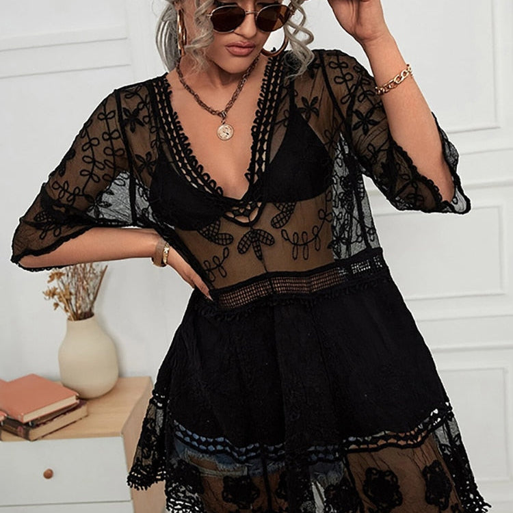 Fitshinling Deep V Neck Boho Beach Outing Sheer Sexy Lace Tunic Pareo Swimwear Summer Black One Size
