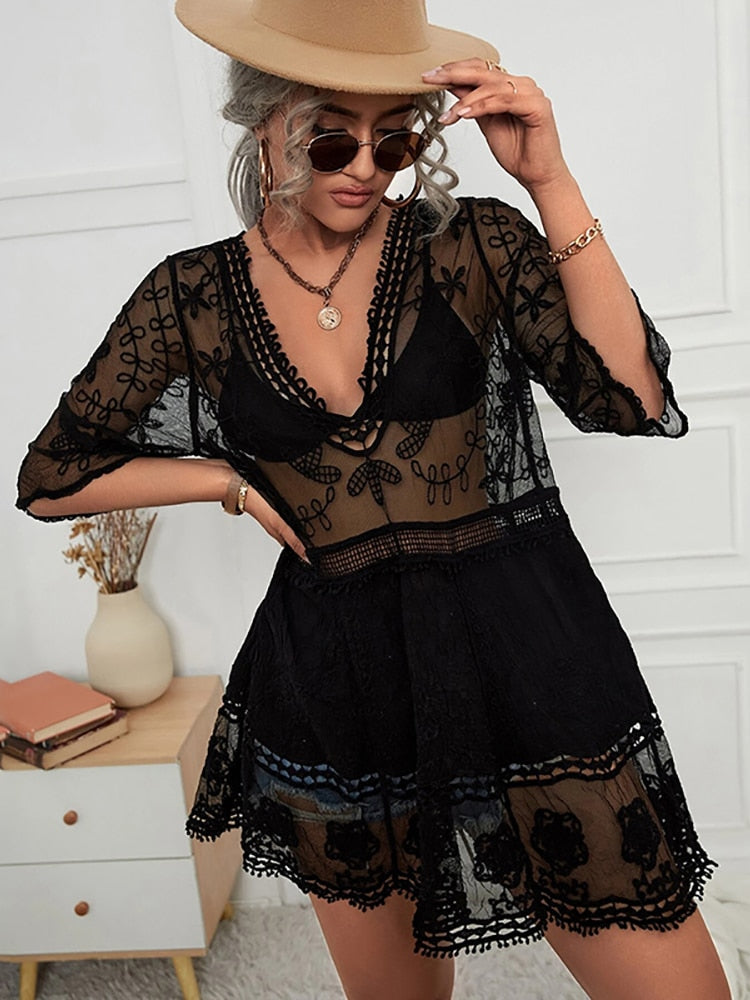 Fitshinling Deep V Neck Boho Beach Outing Sheer Sexy Lace Tunic Pareo Swimwear Summer Black One Size
