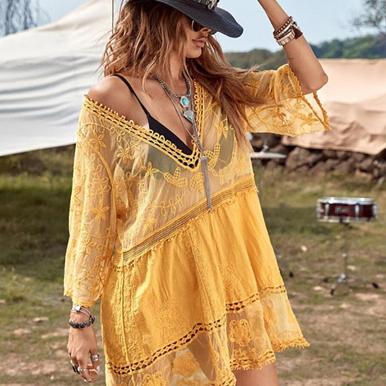 Fitshinling Deep V Neck Boho Beach Outing Sheer Sexy Lace Tunic Pareo Swimwear Summer Yellow One Size