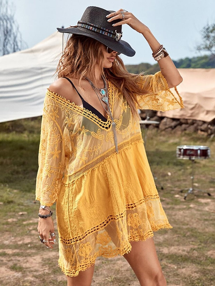 Fitshinling Deep V Neck Boho Beach Outing Sheer Sexy Lace Tunic Pareo Swimwear Summer Yellow One Size
