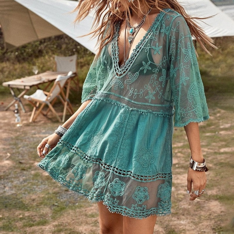 Fitshinling Deep V Neck Boho Beach Outing Sheer Sexy Lace Tunic Pareo Swimwear Summer Vintage Short Dress Holiday Cover Up Green One Size