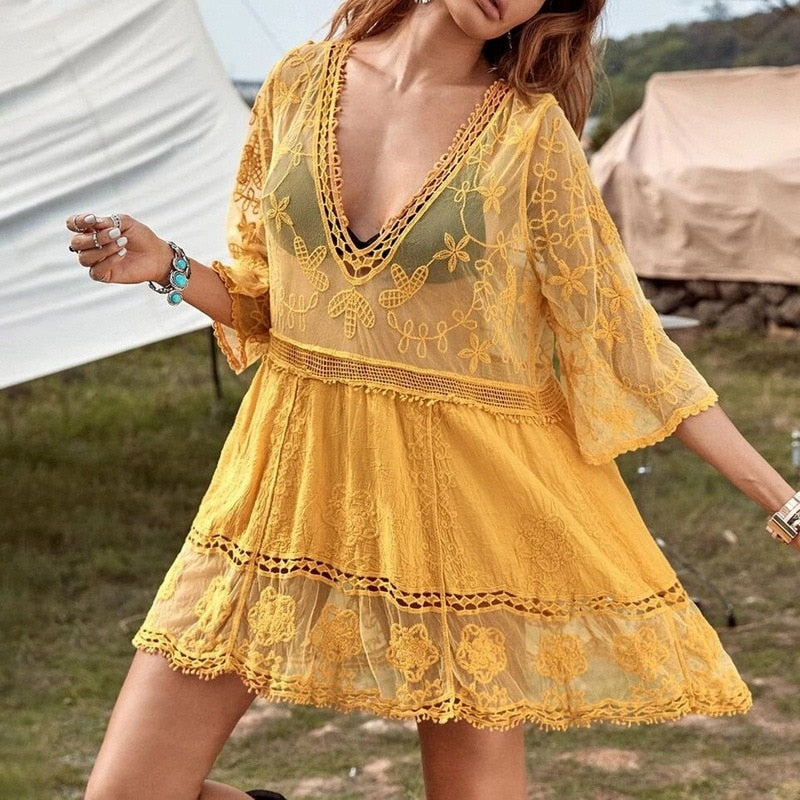 Fitshinling Deep V Neck Boho Beach Outing Sheer Sexy Lace Tunic Pareo Swimwear Summer Vintage Short Dress Holiday Cover Up Yellow One Size