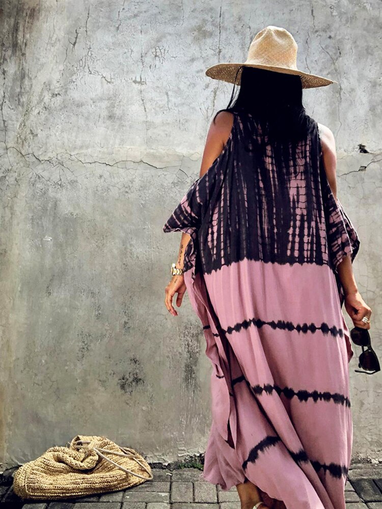 Fitshinling Open Shoulder Summer Long Dress Bohemian Vintage Halo Dyeing Robe Oversized Kaftan Holiday Fashion Sexy Pareos New