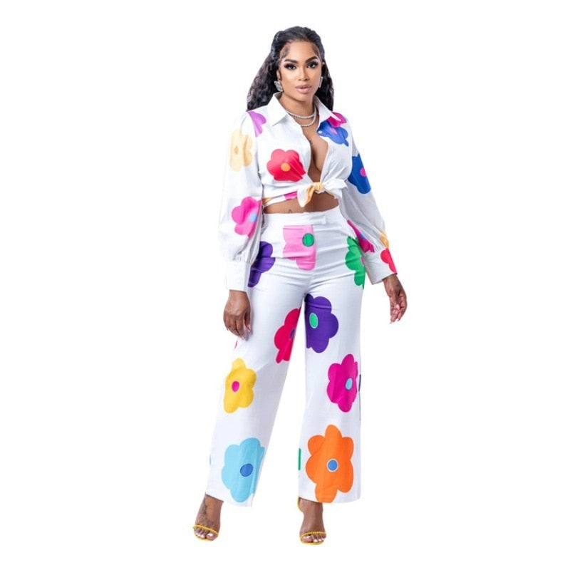 Flora Printed Women 2 Piece Set Elegant Button Up Blouse&shirts Wide Leg Pants Matching Set Autumn Office Lady Tracksuits