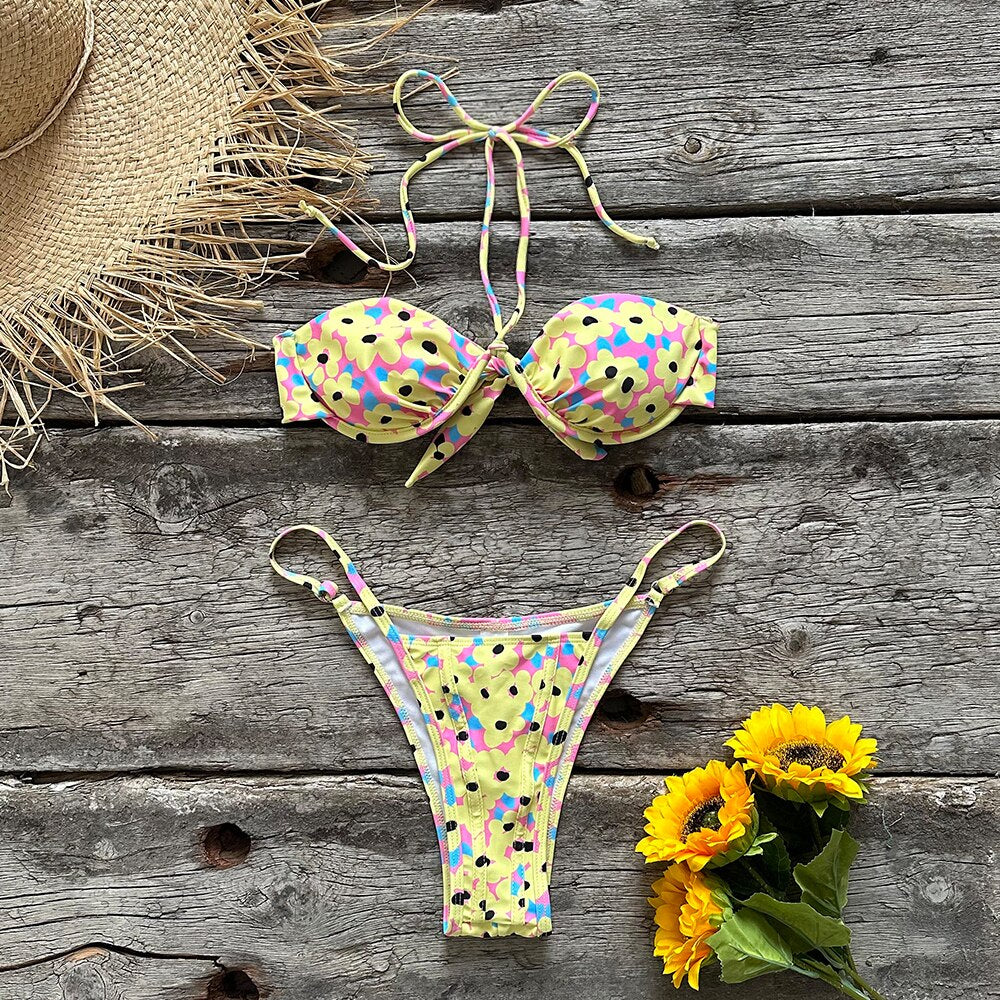 Floral Brazilian Halter Backless Swimsuit Strappy Beachwear Dot biquini female