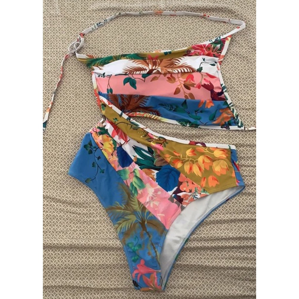 Floral Cutout One-Shoulder One-Piece Swimsuit Tankini Women Swimming Suits Swimwear Patchwork Luxury