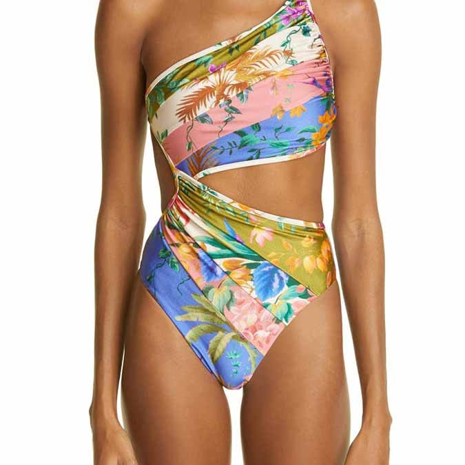 Floral Cutout One-Shoulder One-Piece Swimsuit Tankini Women Swimming Suits Swimwear Patchwork Luxury multi
