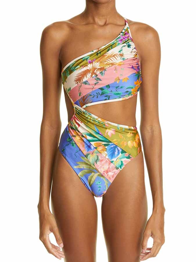 Floral Cutout One-Shoulder One-Piece Swimsuit Tankini Women Swimming Suits Swimwear Patchwork Luxury multi