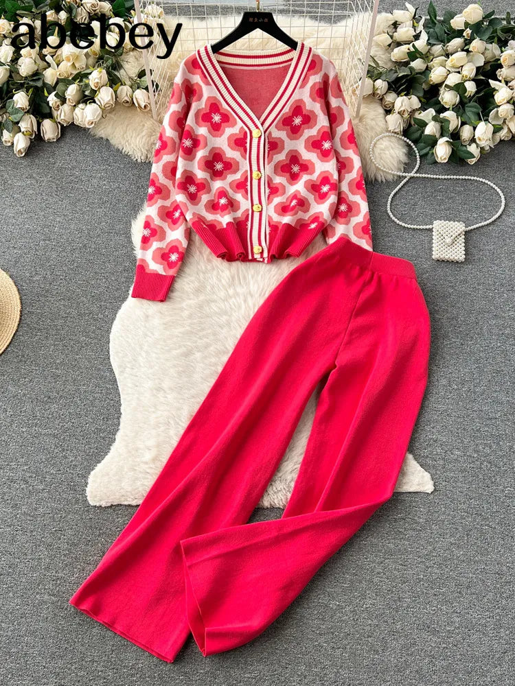 Floral Design Knitted Suits Bottons Single Breasted Hollow Out Cardigan+Wide Leg Long Pants Solid Women Autumn Sets