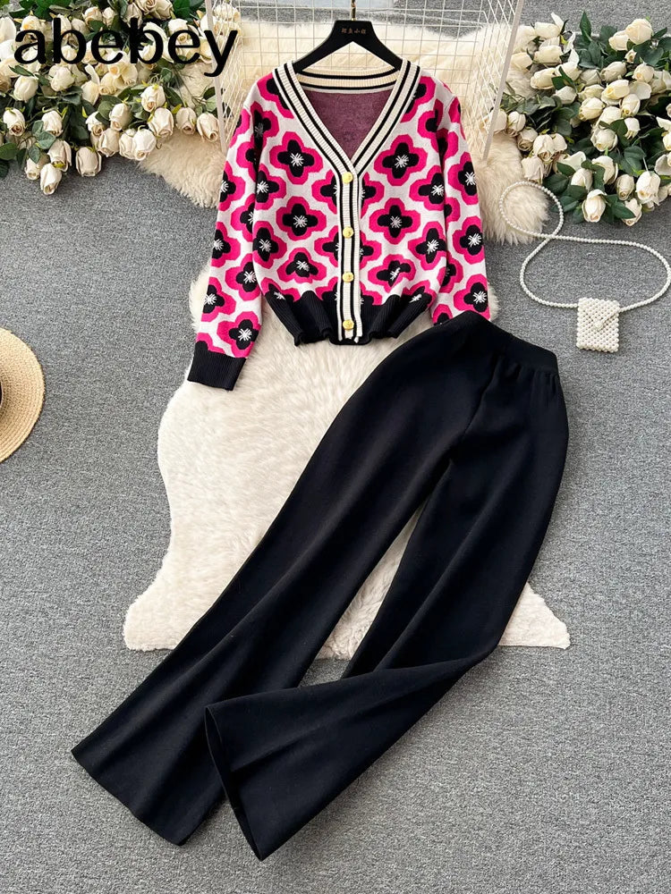 Floral Design Knitted Suits Bottons Single Breasted Hollow Out Cardigan+Wide Leg Long Pants Solid Women Autumn Sets