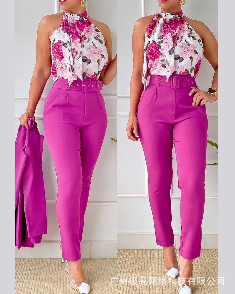 Floral Print Halter Tank Top - High Waist Pants Set With Belt Women 2pcs Clothes Suit Sleeveless Camis Tanks Tops Long Pants