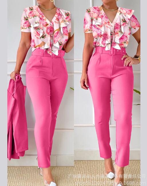 Floral Print Halter Tank Top - High Waist Pants Set With Belt Women 2pcs Clothes Suit Sleeveless Camis Tanks Tops Long Pants LZR16120A