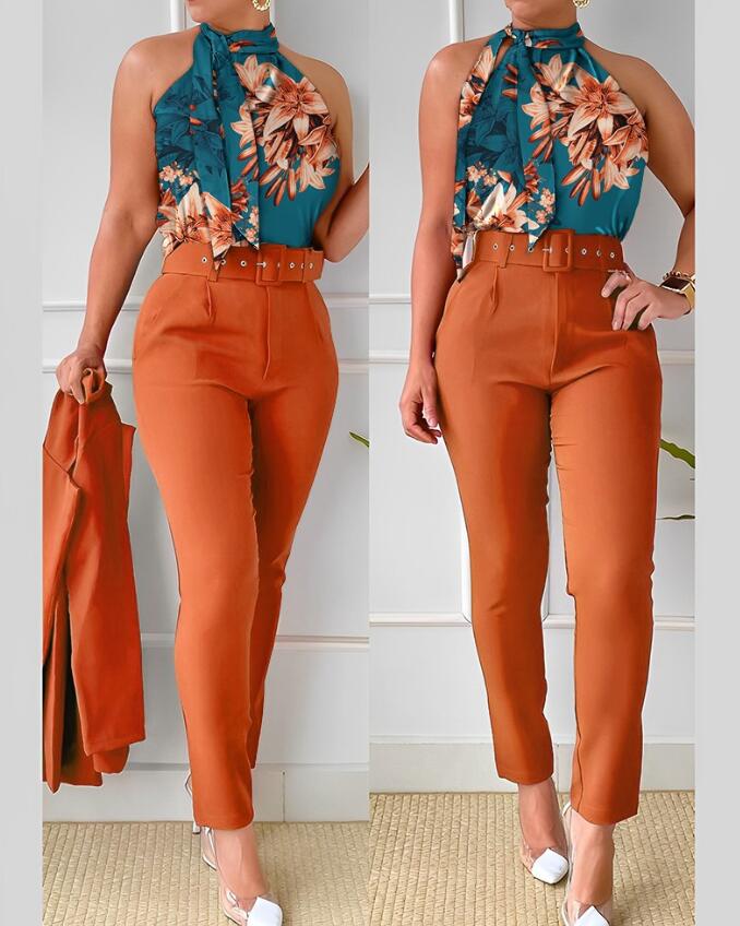 Floral Print Halter Tank Top - High Waist Pants Set With Belt Women 2pcs Clothes Suit Sleeveless Camis Tanks Tops Long Pants LZR16120A6
