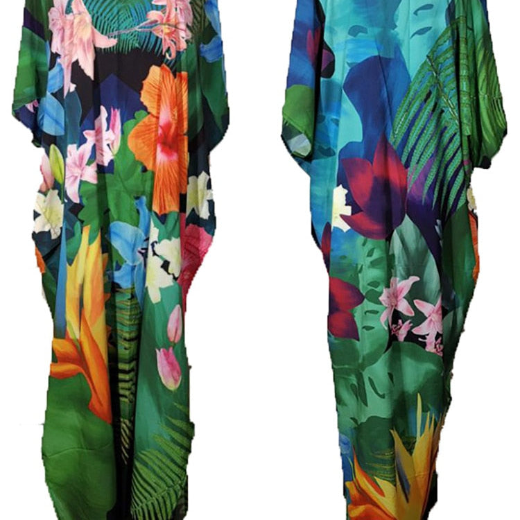 Floral Print Swimsuit Cover Up Robe De Plage Summer Bohemian Dress Loose Beachwear Cover-ups Beach Kaftan Pareo Dress