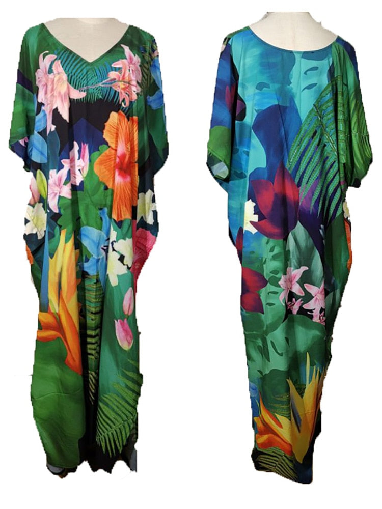 Floral Print Swimsuit Cover Up Robe De Plage Summer Bohemian Dress Loose Beachwear Cover-ups Beach Kaftan Pareo Dress