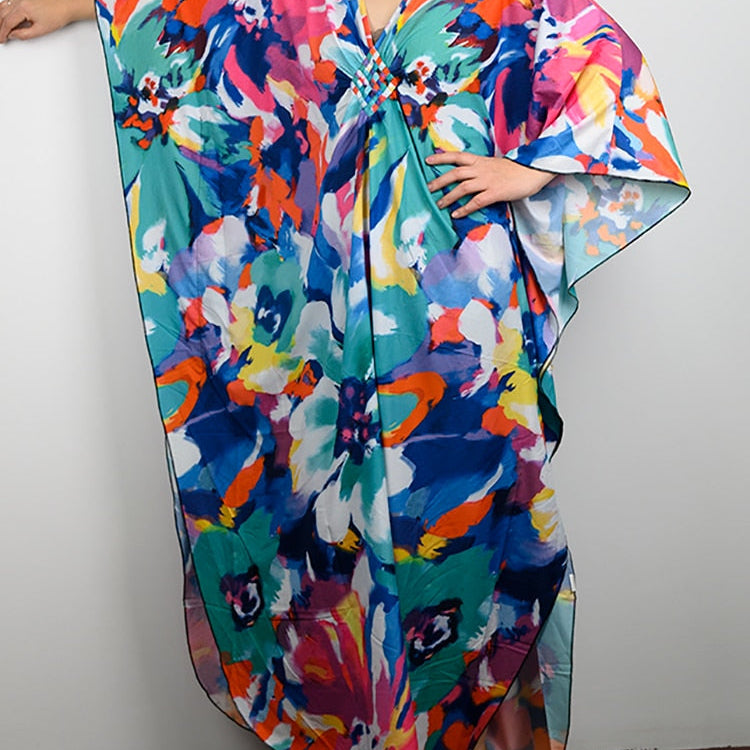 Floral Print Swimsuit Cover Up Robe De Plage Summer Bohemian Dress Loose Beachwear Cover-ups Beach Kaftan Pareo Dress Color 004 One Size
